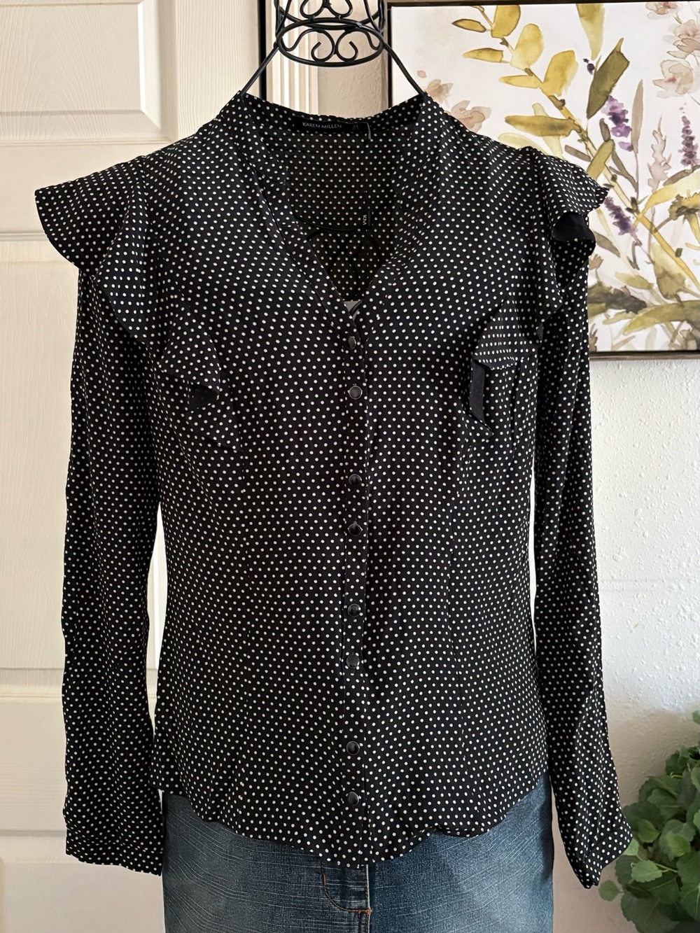 Karen Millen Black and White Polka Dot Ruffle Button-Down Blouse
